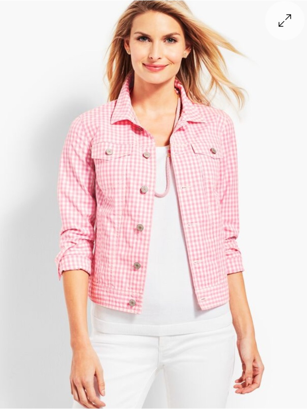 Talbots Pink and White Gingham Denim Jean Jacket Size M